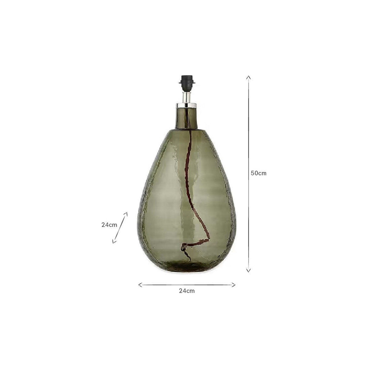 Green Baba Large Tall Recycled Glass Lamp Base with hammered teardrop body, chrome neck collar and black holder, 50cm high x 24cm wide.