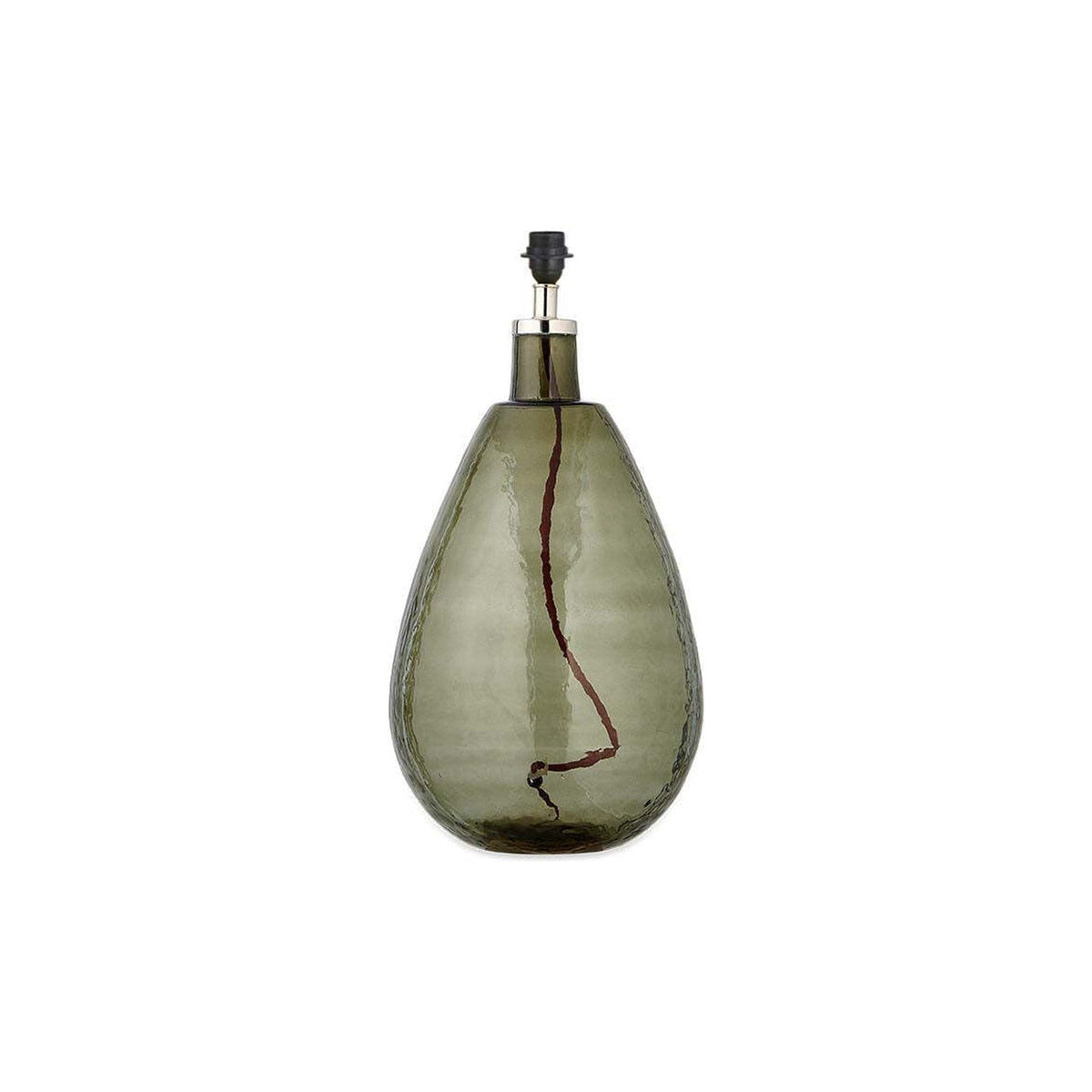Baba Large Tall Recycled Glass Lamp Base in green, a teardrop-shaped table lamp with hammered glass body, chrome neck collar and black lampholder, shown on a plain white background.