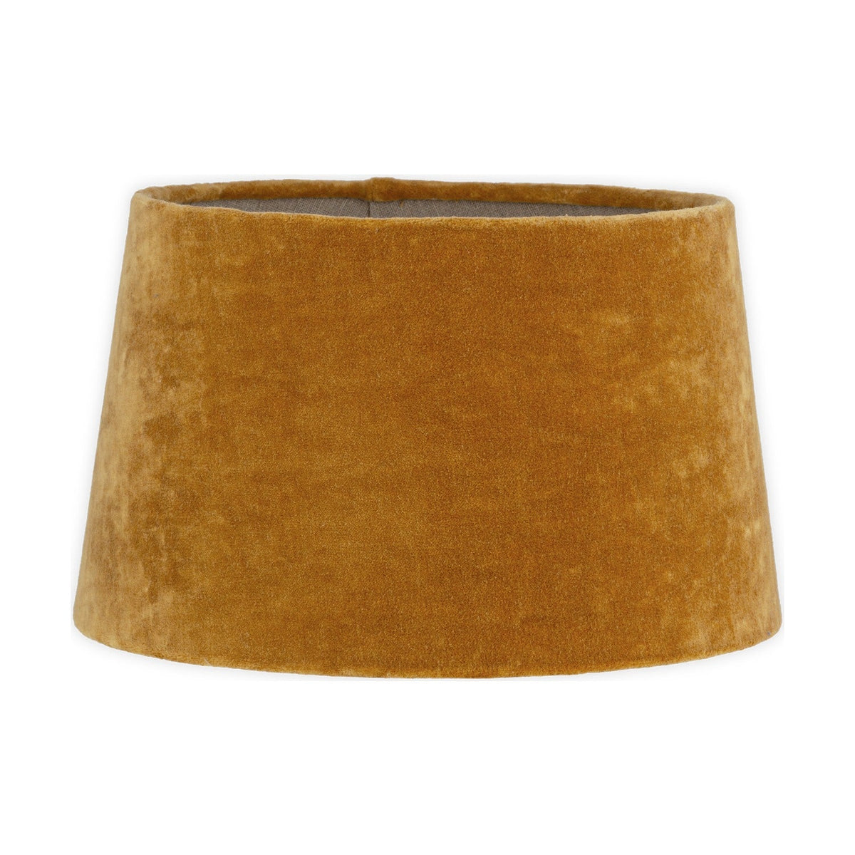 Batakha Medium Velvet & Linen Lampshade in dark ochre, a tapered drum shape with a pale natural linen lining visible at the top rim, shown on a plain white background.