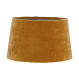 Batakha Medium Velvet & Linen Lampshade in dark ochre, a tapered drum shape with a pale natural linen lining visible at the top rim, shown on a plain white background.