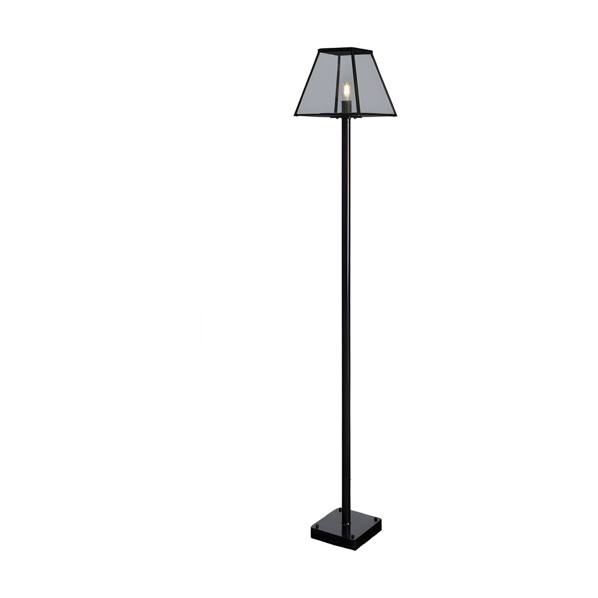 Contemporary Galvanised Steel Lamp Post, 1.8m, in black with a square glazed top lantern and slim tapered pole on a square base, shown against a plain white background.