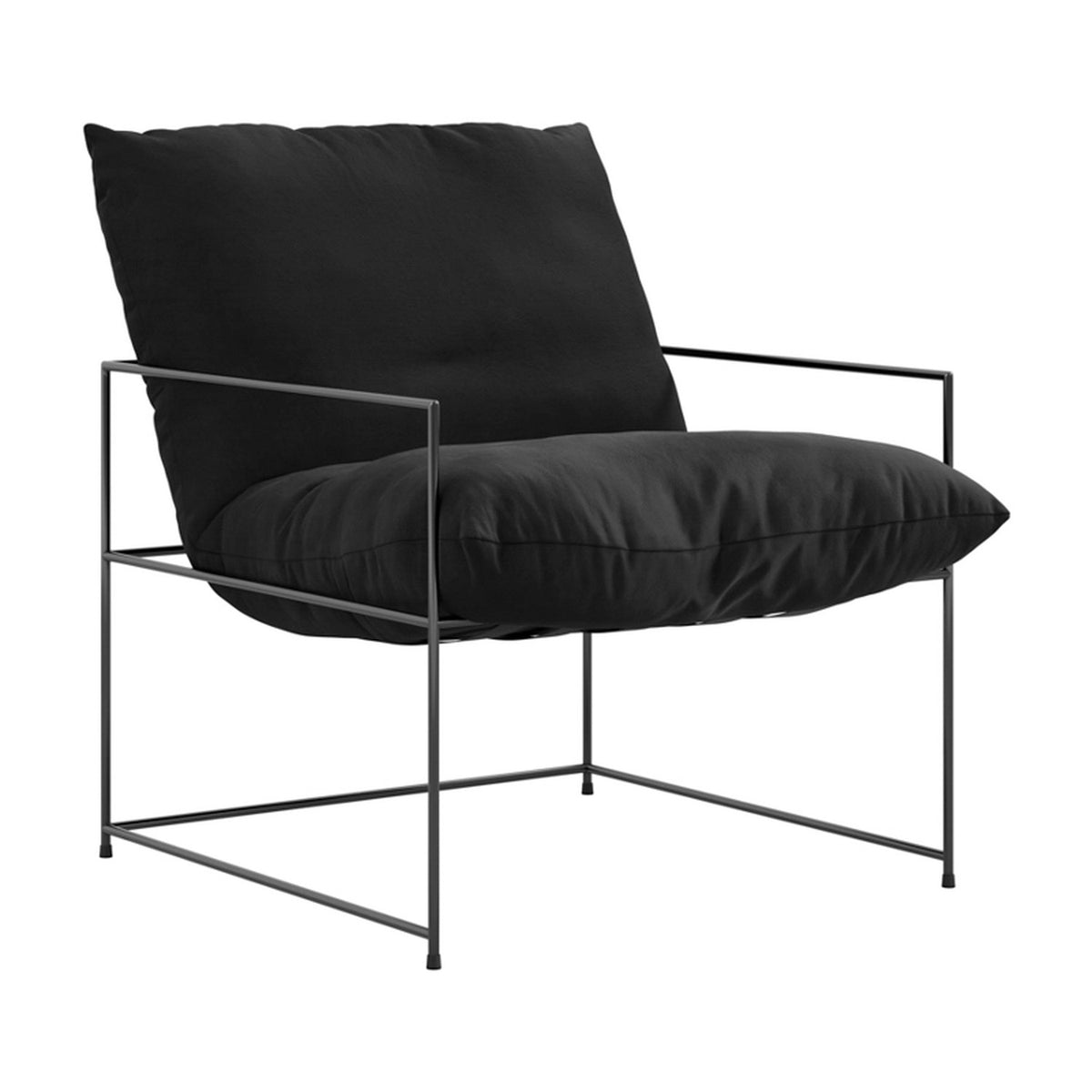 Brook Accent Chair in black velvet with a low, wide cushioned seat and back on an open matt black metal frame, shown on a plain white background.