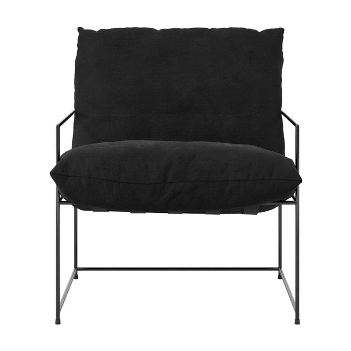 Brook Accent Chair in black velvet with a pillowy cushioned back and seat on a matt black metal frame, shown on a plain white background.