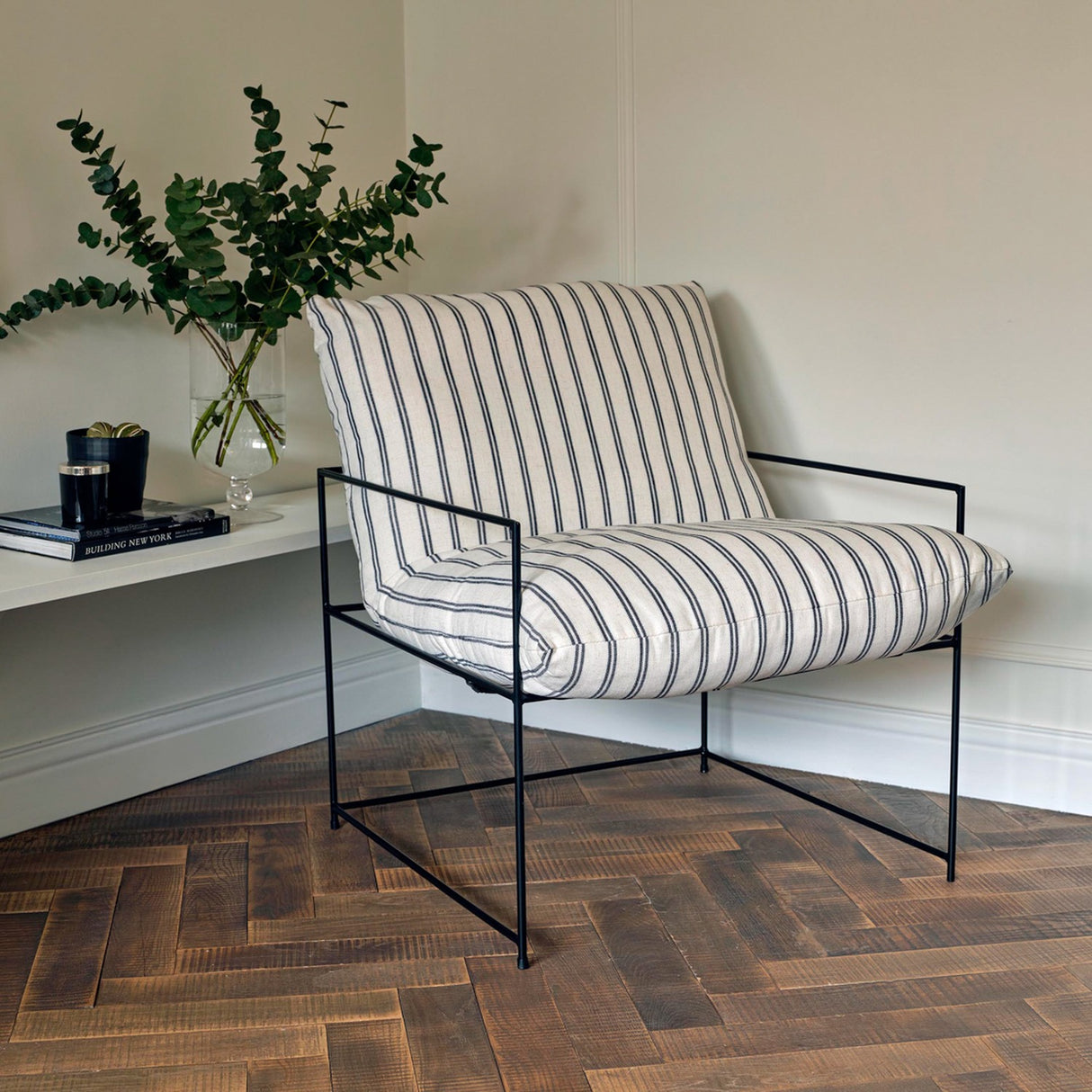 Brook Accent Chair – White/Black Chalk Stripe with Black