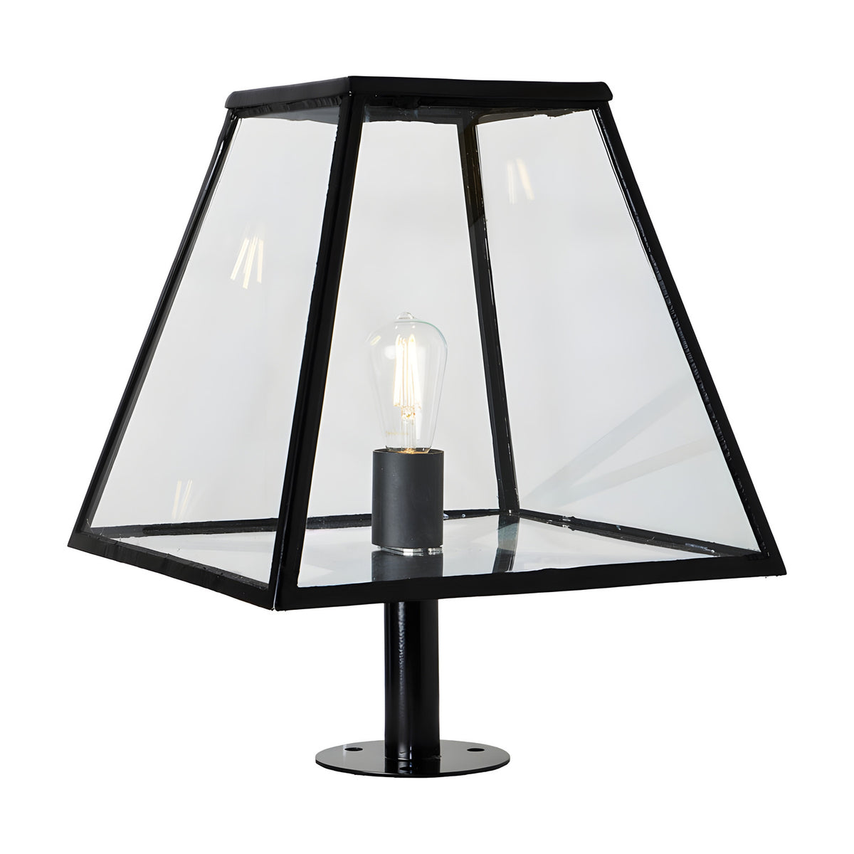 Large Contemporary Pillar Light in black steel with a glass tapered lantern shade, exposed E27 bulb, and slim pedestal base, shown on a plain white background.