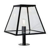 Large Contemporary Pillar Light in black steel with a glass tapered lantern shade, exposed E27 bulb, and slim pedestal base, shown on a plain white background.