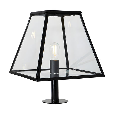 Large Contemporary Pillar Light in black steel with a glass tapered lantern shade, exposed E27 bulb, and slim pedestal base, shown on a plain white background.