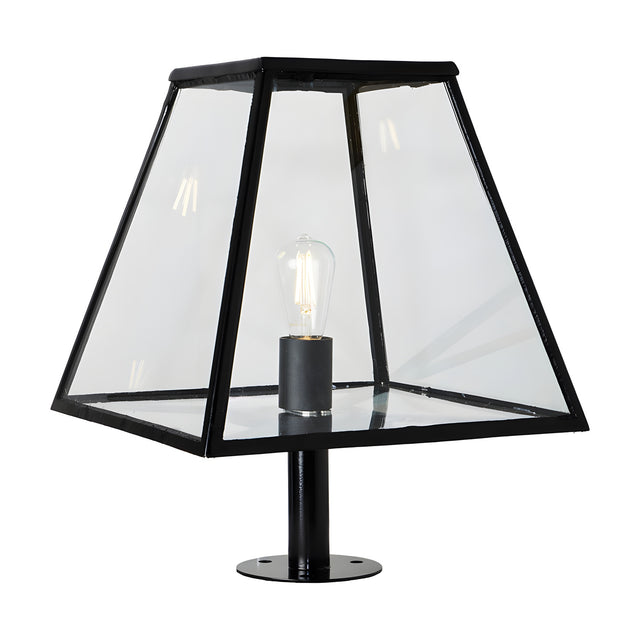 Large Contemporary Pillar Light in black steel with a glass tapered lantern shade, exposed E27 bulb, and slim pedestal base, shown on a plain white background.