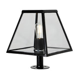 Small Contemporary Pillar Light in black steel with a tapered glass lantern shade and exposed E27 bulb, mounted on a round base plate, shown on a plain white background.