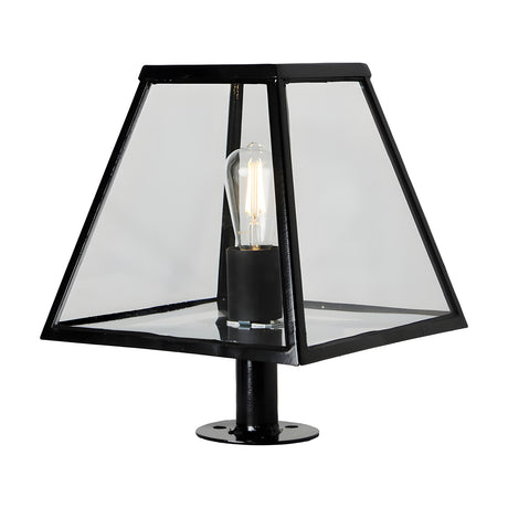 Small Contemporary Pillar Light in black steel with a tapered glass lantern shade and exposed E27 bulb, mounted on a round base plate, shown on a plain white background.