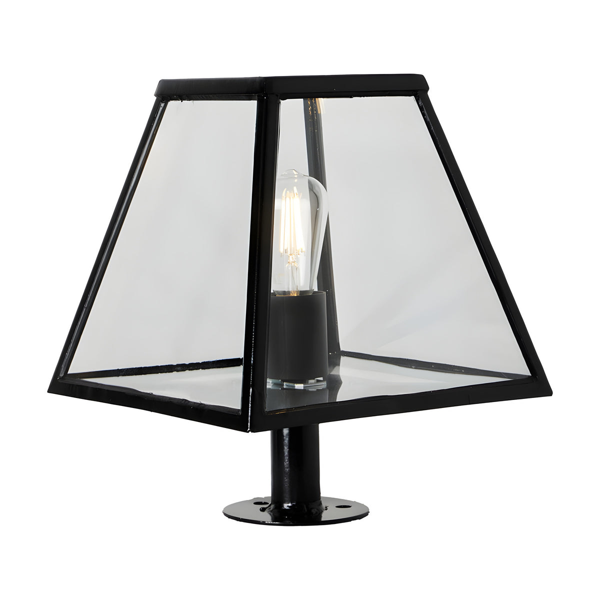 Small Contemporary Pillar Light in black steel with a tapered glass lantern shade and exposed E27 bulb, mounted on a round base plate against a plain white background.
