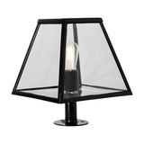 Small Contemporary Pillar Light in black steel with a tapered glass lantern shade and exposed E27 bulb, mounted on a round base plate against a plain white background.