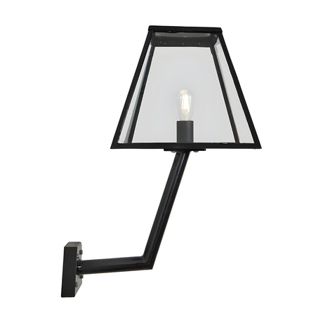 Large contemporary wall lantern in black galvanised steel with a tapered glass shade and exposed bulb, mounted on an angled bracket against a plain white background.