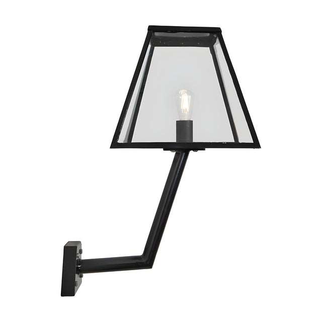 Large contemporary wall lantern in black galvanised steel with a tapered glass shade and exposed bulb, mounted on an angled bracket against a plain white background.