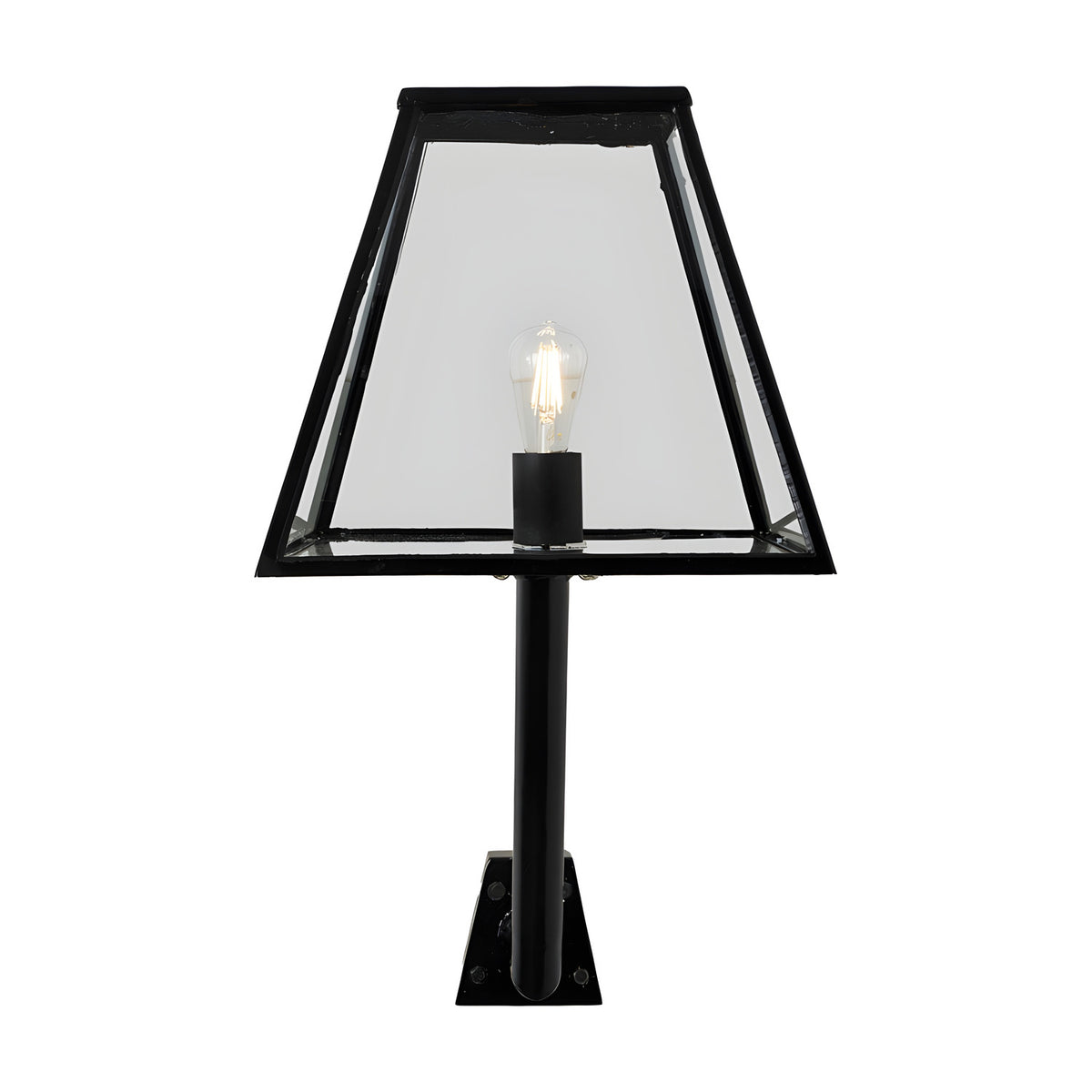Large Contemporary Wall Lantern in black steel with clear glass panels and an exposed bulb, mounted on an angled bracket, shown on a plain white background.