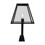 Large Contemporary Wall Lantern in black steel with clear glass panels and an exposed bulb, mounted on an angled bracket, shown on a plain white background.