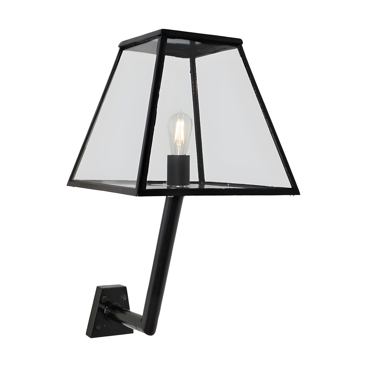 Large Contemporary Wall Lantern on an angled bracket in black galvanised steel, tapered glass panels with visible bulb, mounted on a wall bracket against a plain white background.