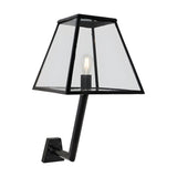 Large Contemporary Wall Lantern on an angled bracket in black galvanised steel, tapered glass panels with visible bulb, mounted on a wall bracket against a plain white background.