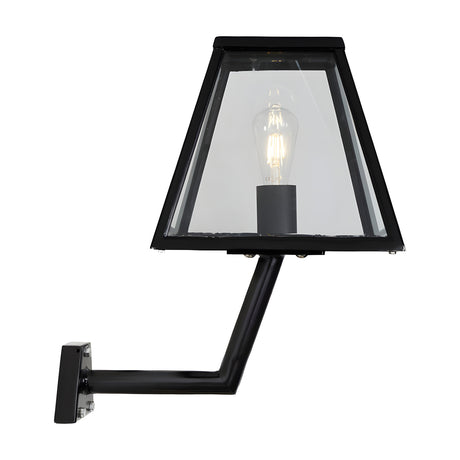 Small contemporary black outdoor wall lantern with clear glass panels and exposed filament bulb, mounted on an angled steel bracket against a plain white background.
