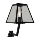 Small Contemporary Wall Lantern in black steel with a tapered glass shade and exposed bulb, mounted on an angled bracket, shown on a plain white background.