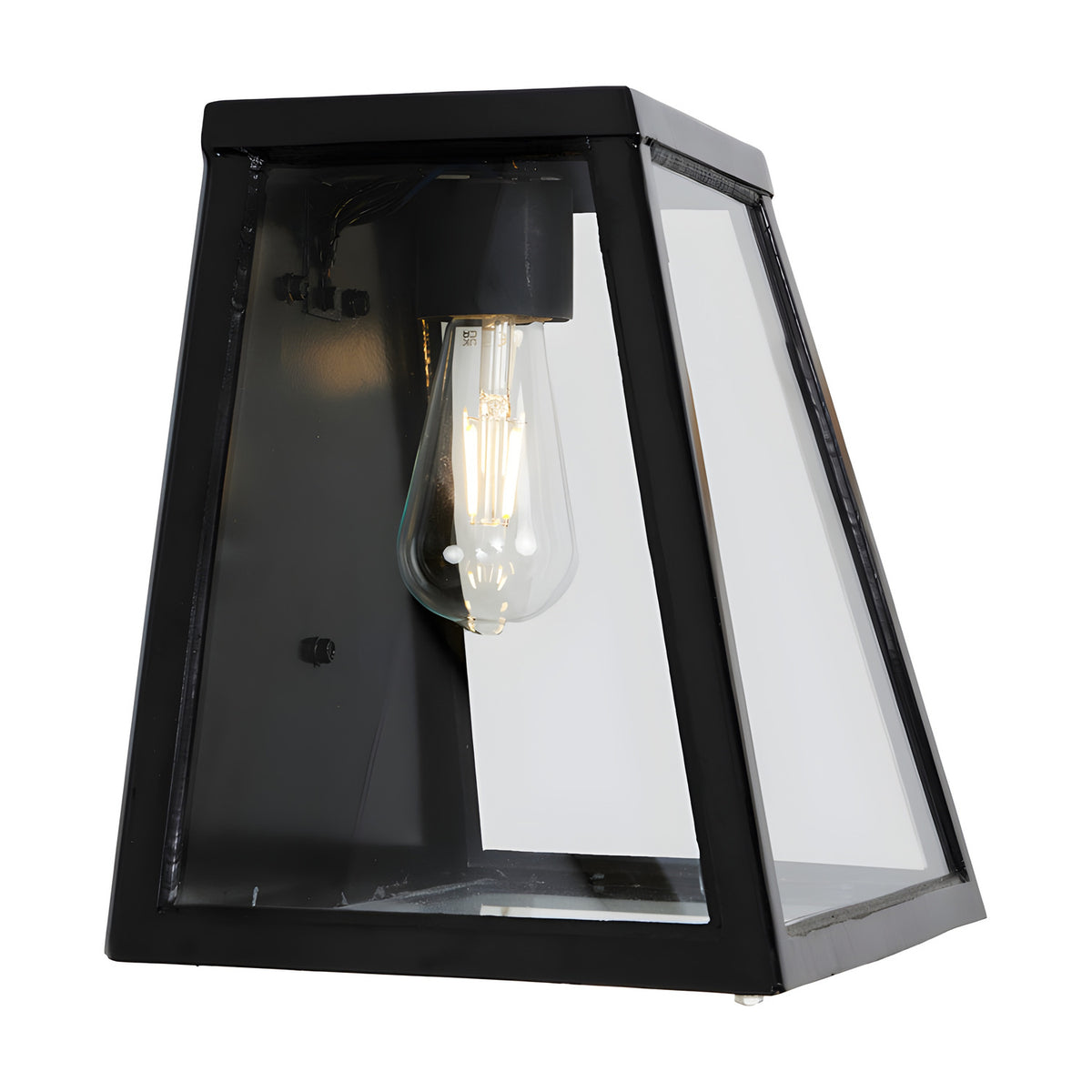 Contemporary galvanised steel bulkhead wall light in black with clear glass panels and an exposed Edison bulb, shown angled on a plain white background.