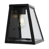 Contemporary galvanised steel bulkhead wall light in black with clear glass panels and an exposed Edison bulb, shown angled on a plain white background.