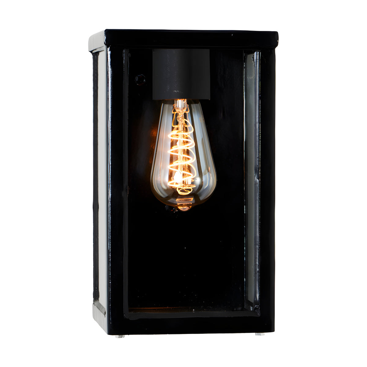 Contemporary Box Wall Lantern in black, a squared glass-panelled outdoor lantern with an exposed E27 bulb, shown against a plain white background.