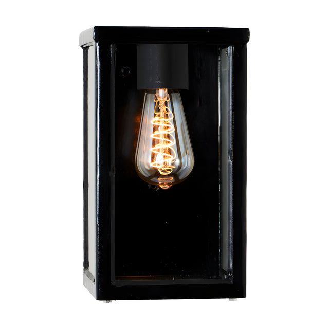 Contemporary Box Wall Lantern in black, a squared glass-panelled outdoor lantern with an exposed E27 bulb, shown against a plain white background.