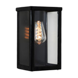 Contemporary Box Wall Lantern in black, a squared steel and glass outdoor fixture with clear and frosted glazing panels and an exposed E27 bulb, shown on a plain white background.