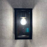 Contemporary Box Wall Lantern in black, a squared steel and glass outdoor fitting with clear glazing showing a single E27 bulb, mounted flat on a textured grey wall.