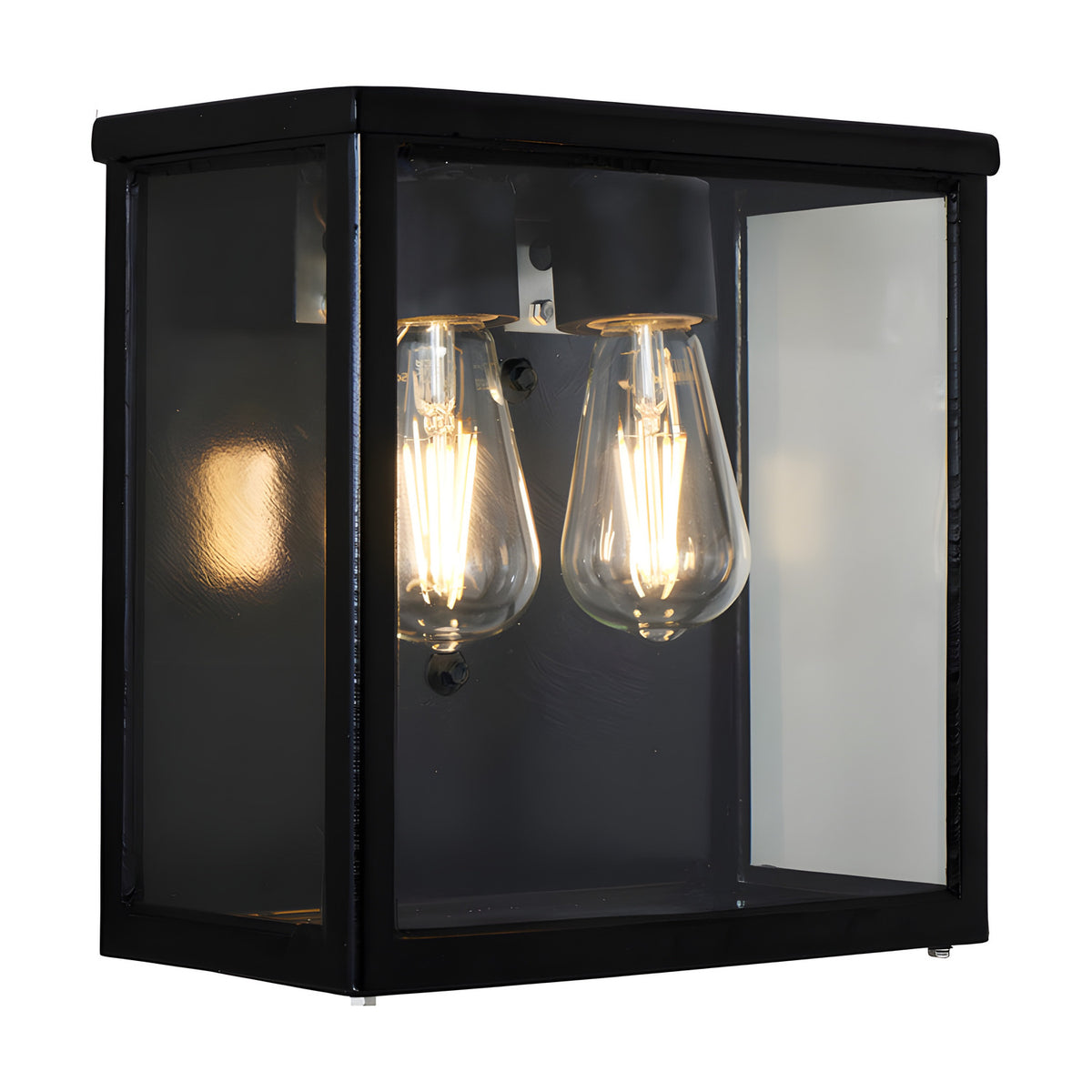 Contemporary Square Box Wall Lantern in black steel with clear glass panels, showing two exposed filament bulbs inside, set against a plain white background.