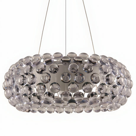 The Briller LED Large Suspension Light - Clear features a modern metallic frame and rows of clear acrylic spheres, suspended by three slim cables for a sleek, elegant look.