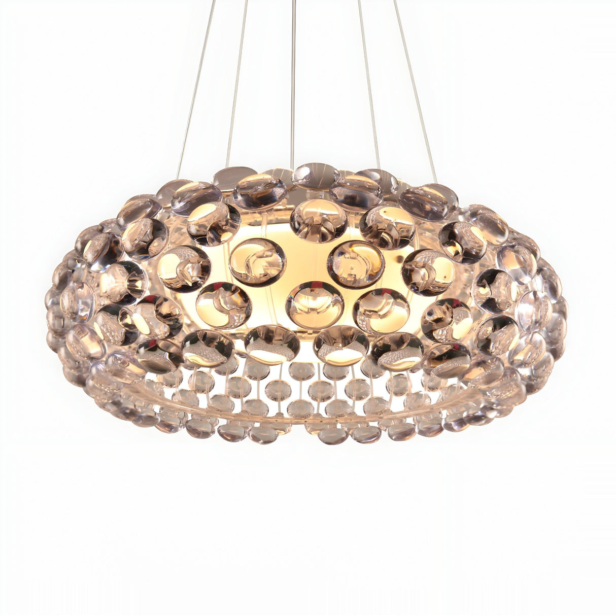 The Briller LED Large Suspension Light - Clear features a modern circular design with multiple clear acrylic spheres around a central LED, suspended by thin cables.