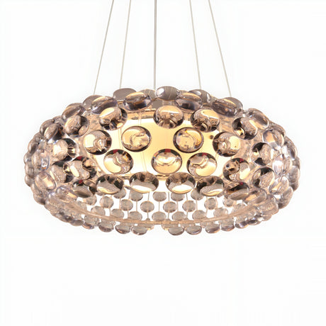The Briller LED Large Suspension Light - Clear features a modern circular design with multiple clear acrylic spheres around a central LED, suspended by thin cables.
