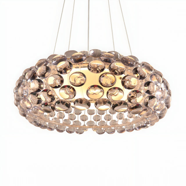 The Briller LED Large Suspension Light - Clear features a modern circular design with multiple clear acrylic spheres around a central LED, suspended by thin cables.