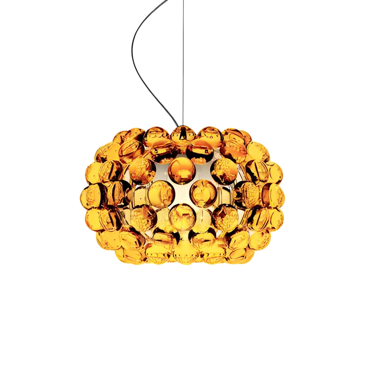 The Briller LED Small Pendant Light - Gold is a modern dome-shaped fixture with clustered amber acrylic spheres, suspended by a thin black cord, perfect for adding style to any space.