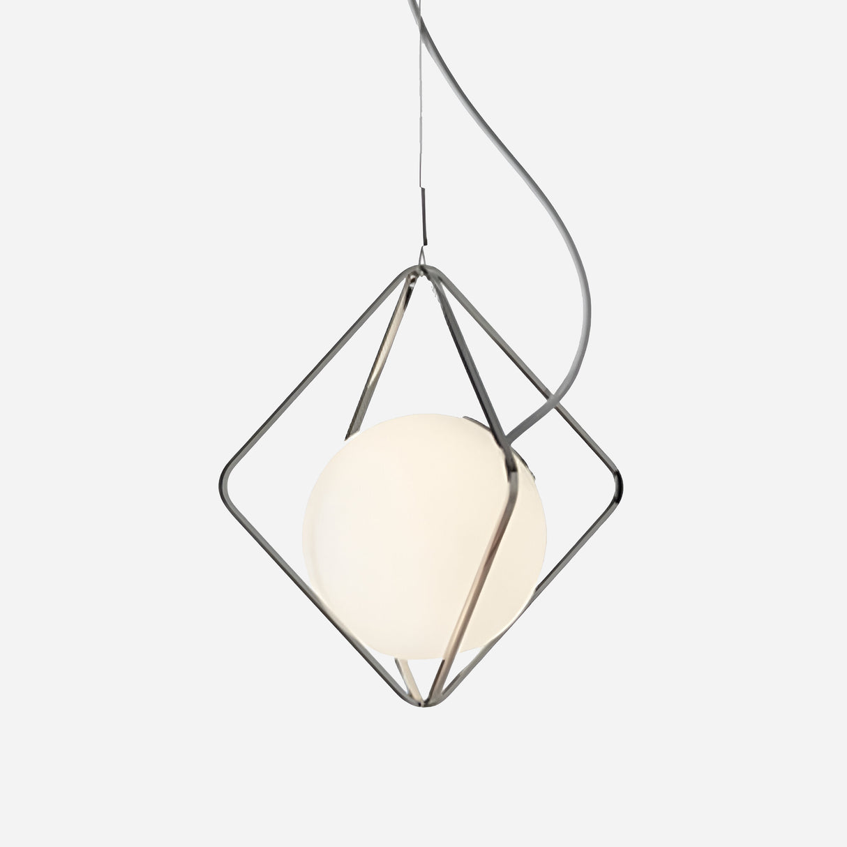 The Scarlette LED Pendant Light - White showcases a frosted white spherical bulb encased in a geometric metal frame, suspended by a slender cable against a plain background. This sleek fixture adds elegance and style to any room with its contemporary design.