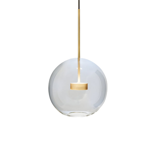 The Bubble LED Glass Pendant Light - Gold features a clear glass globe shade and slim metal rod, offering a modern minimalist design that highlights the central light source against a white backdrop.