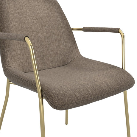 Carlo Arms Dining Chair in taupe textured velvet with curved back, fabric-topped armrests, and slender brushed gold metal legs, shown against a plain white background.