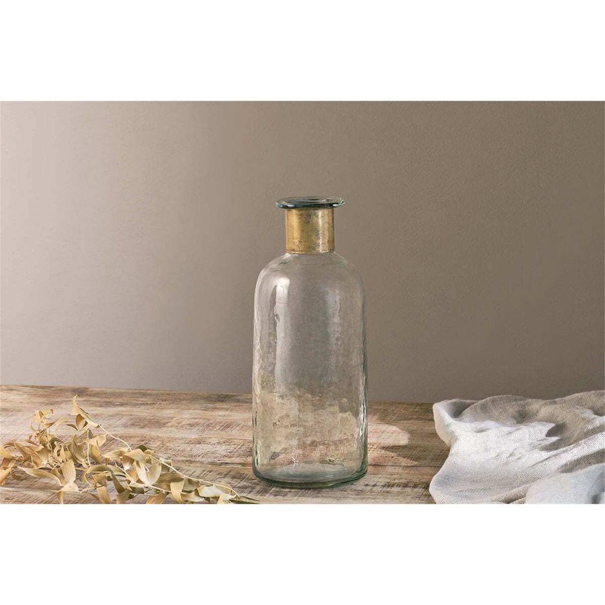 Chara 31.5cm Glass Bottle Vase - Clear & Antique Brass