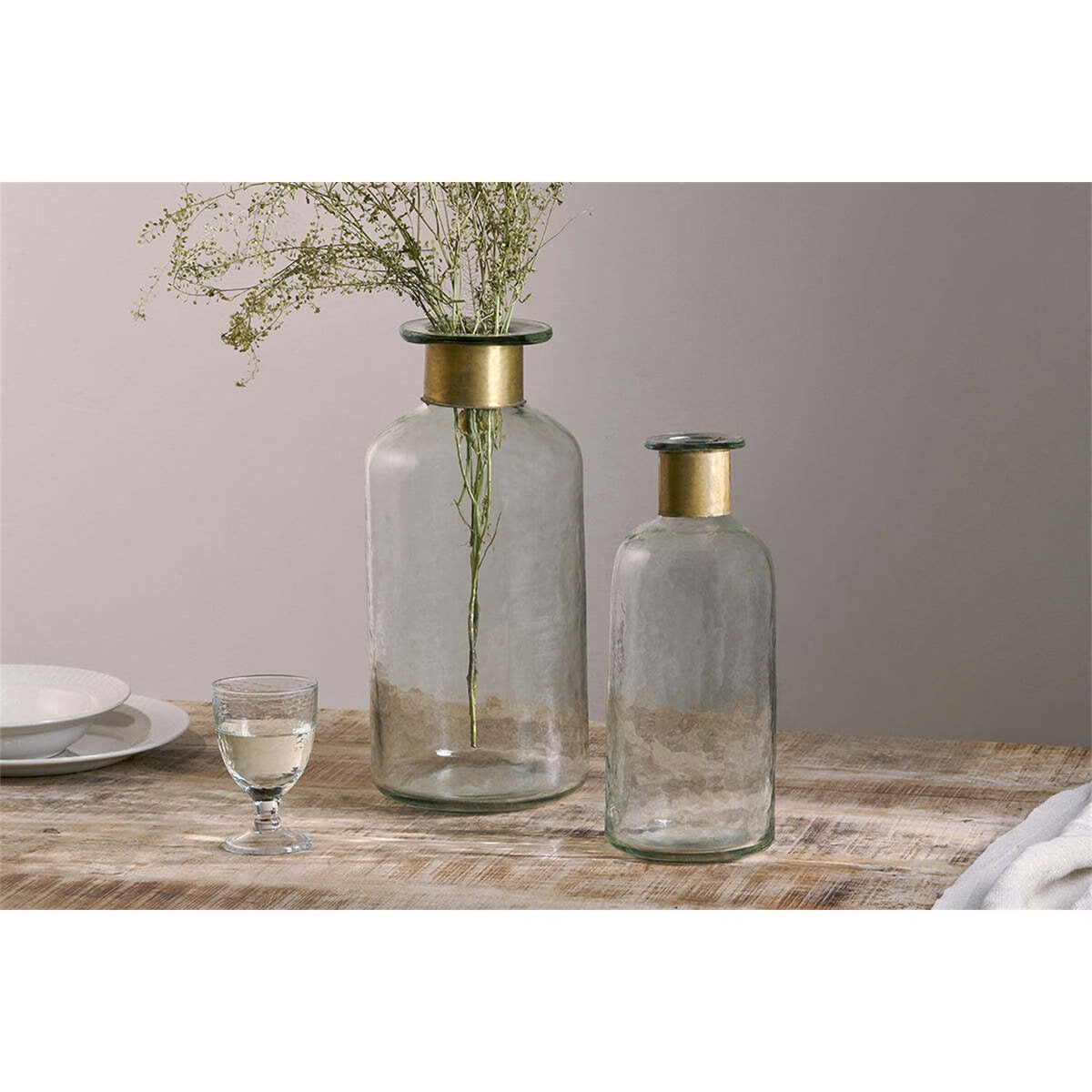 Chara 39cm Glass Bottle Vase - Clear & Antique Brass