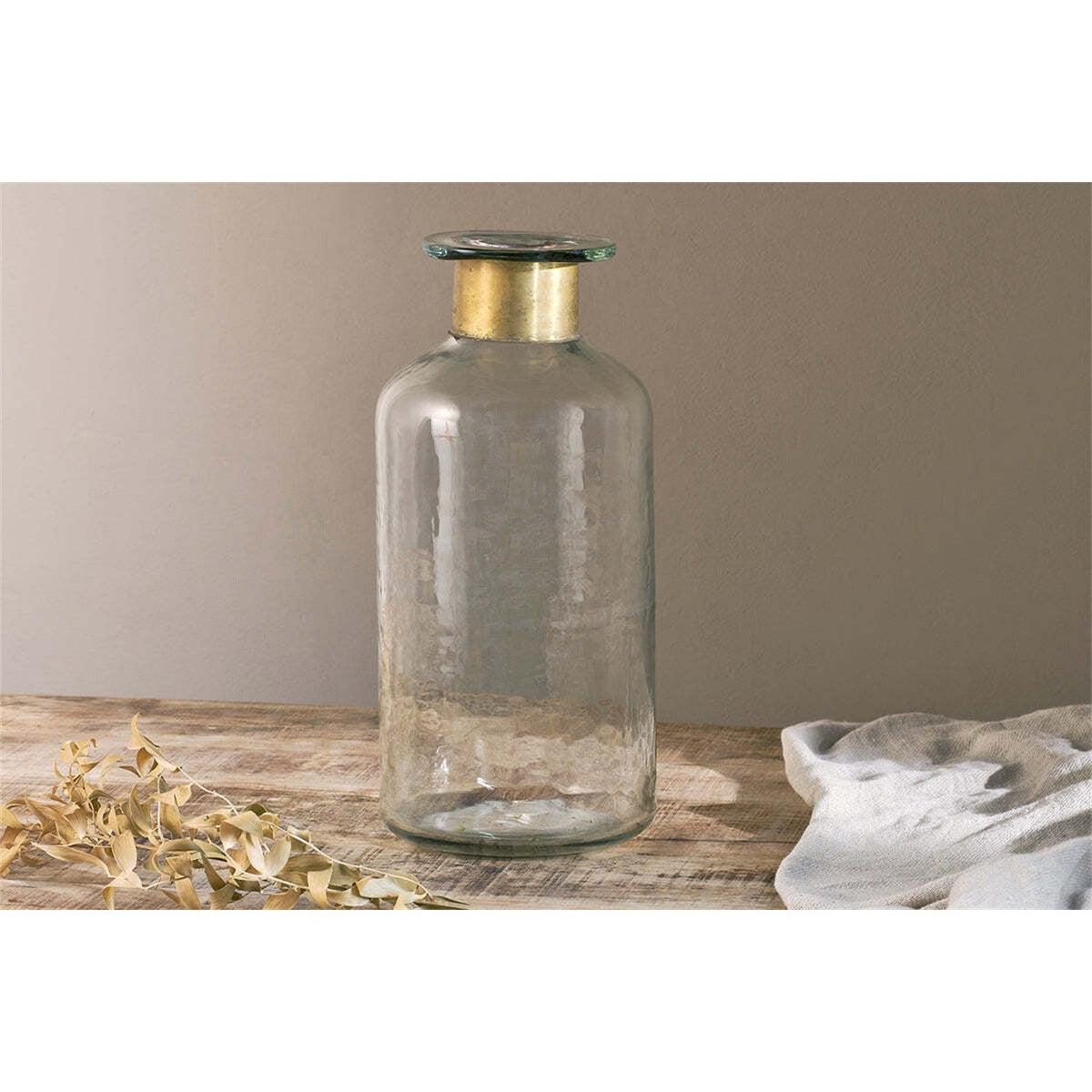 Chara 39cm Glass Bottle Vase - Clear & Antique Brass