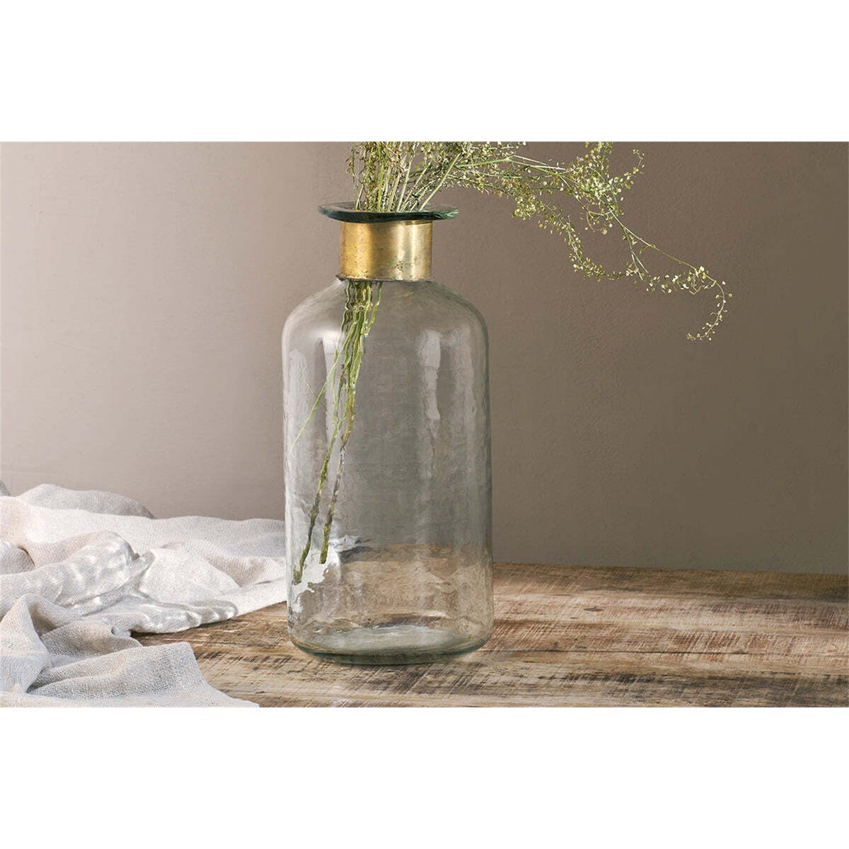 Chara 39cm Glass Bottle Vase - Clear & Antique Brass