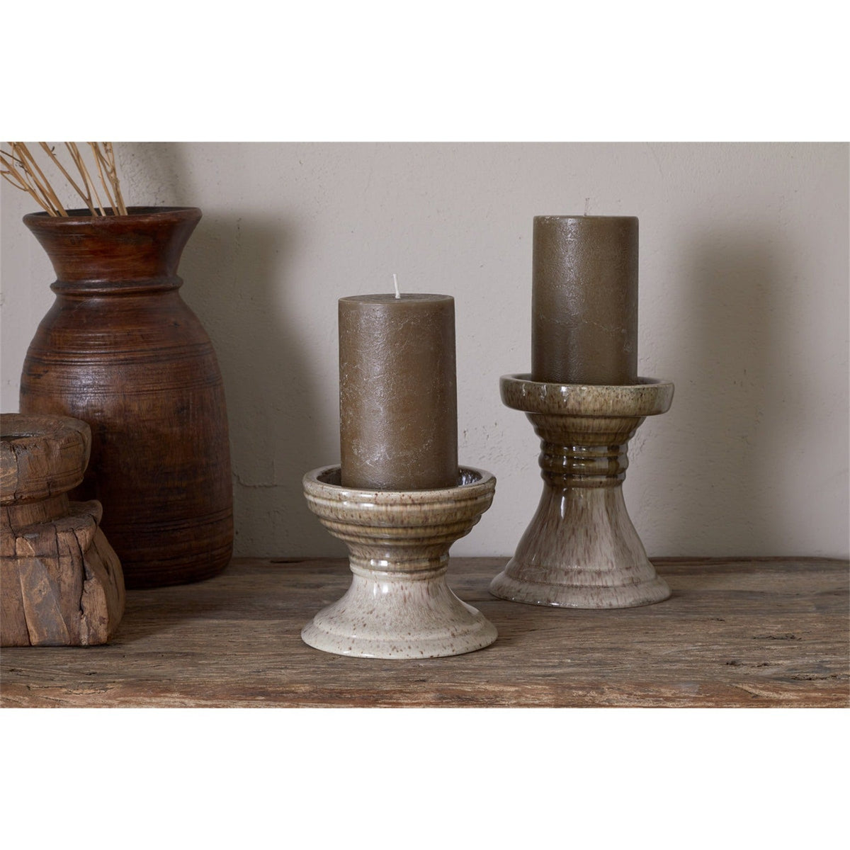 Cabra Small Pillar Candle Holder - Olive & Natural