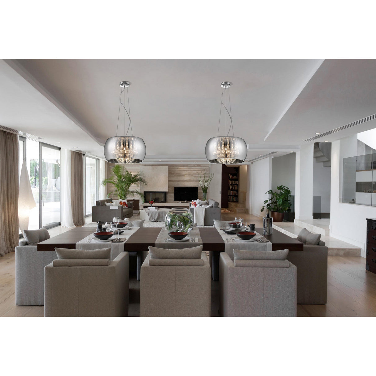 Delya 5 Light Glass & Crystal Beads Suspension Light - Chrome