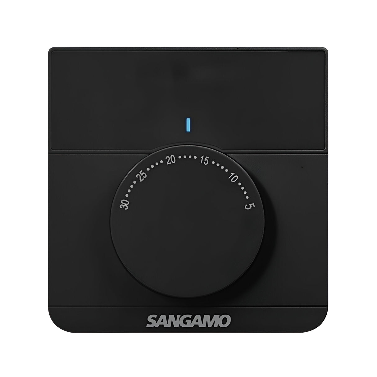 The Choice Plus Room Electronic Thermostat - Black features a central dial showing numbers from 5 to 30 and is equipped with an electronic sensor for precise temperature control. The Sangamo brand name is displayed at the bottom, and a small blue indicator light at the top boosts heating efficiency.