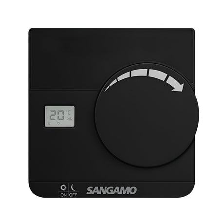 The Choice Plus Room Thermostat Digital in black showcases a digital display reading 20°C and includes a sizable circular dial with white markings for accurate TPI control and frost protection. It also features buttons labeled On and Off at the bottom.