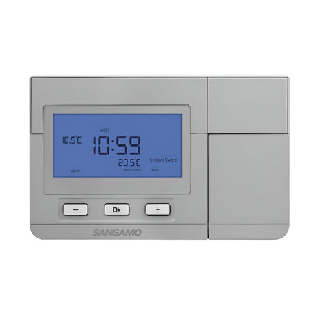 The Choice Plus 7 Day Programmable Room Thermostat - Silver features a blue-lit display showing the time 10:59, day Wed, room temperature 20.5°C, and system status Heat to enhance heating efficiency. It includes navigation and settings buttons beneath the display within its sleek gray casing and prominently showcases the SANGAMO brand name.