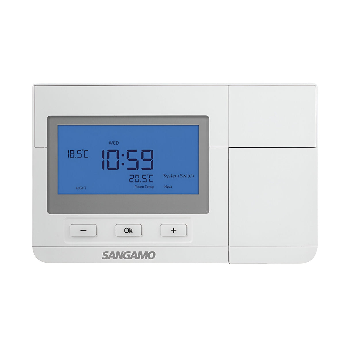 The Choice Plus 7 Day Programmable Room Thermostat in white, featuring a blue backlit screen showing the time as 10:59 and a room temperature of 20.5°C, comes with conveniently labeled buttons for Ok, plus, and minus adjustments. This thermostat is designed to enhance heating efficiency while providing frost protection for your comfort.