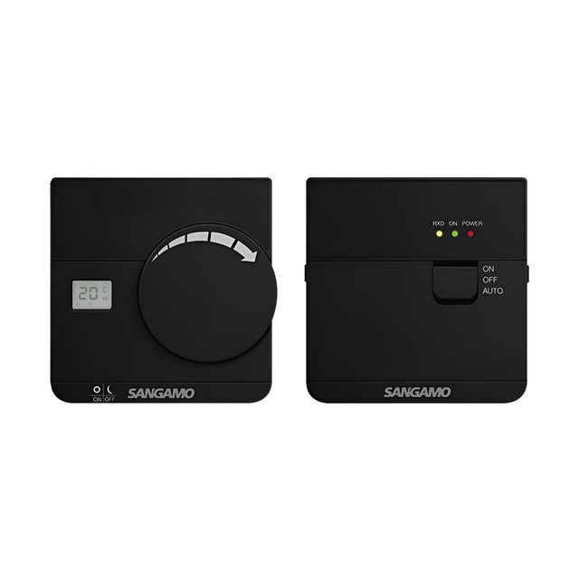 Two black thermostat units from the Choice Plus collection: the left unit is equipped with a digital display and large dial, whereas the right unit offers wireless communication capabilities, featuring three indicator lights labeled PROG, ON, and POWER, as well as a switch for ON, OFF, and AUTO modes.